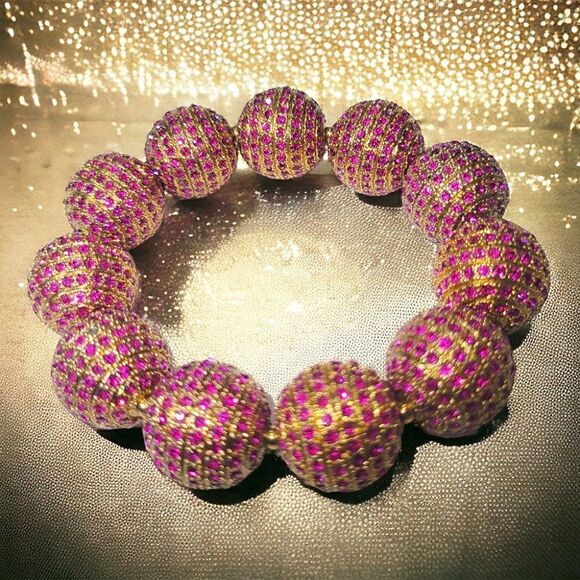 Chunky Red gem encrusted Eternity gold ball stretchy bracelet - Picture 1 of 5